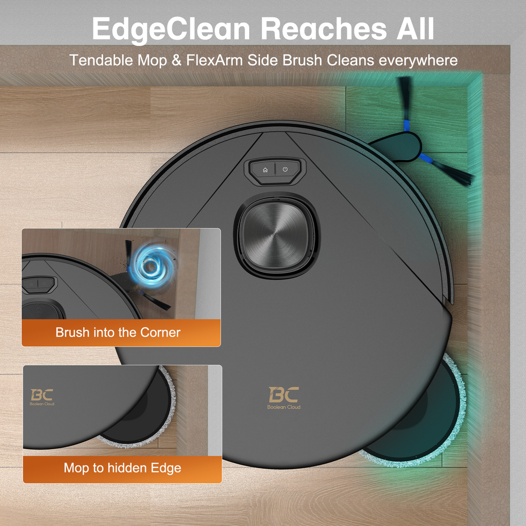 Top view of Boolean Cloud robotic vacuum with tendable mop and FlexArm side brush cleaning floor edges and corners