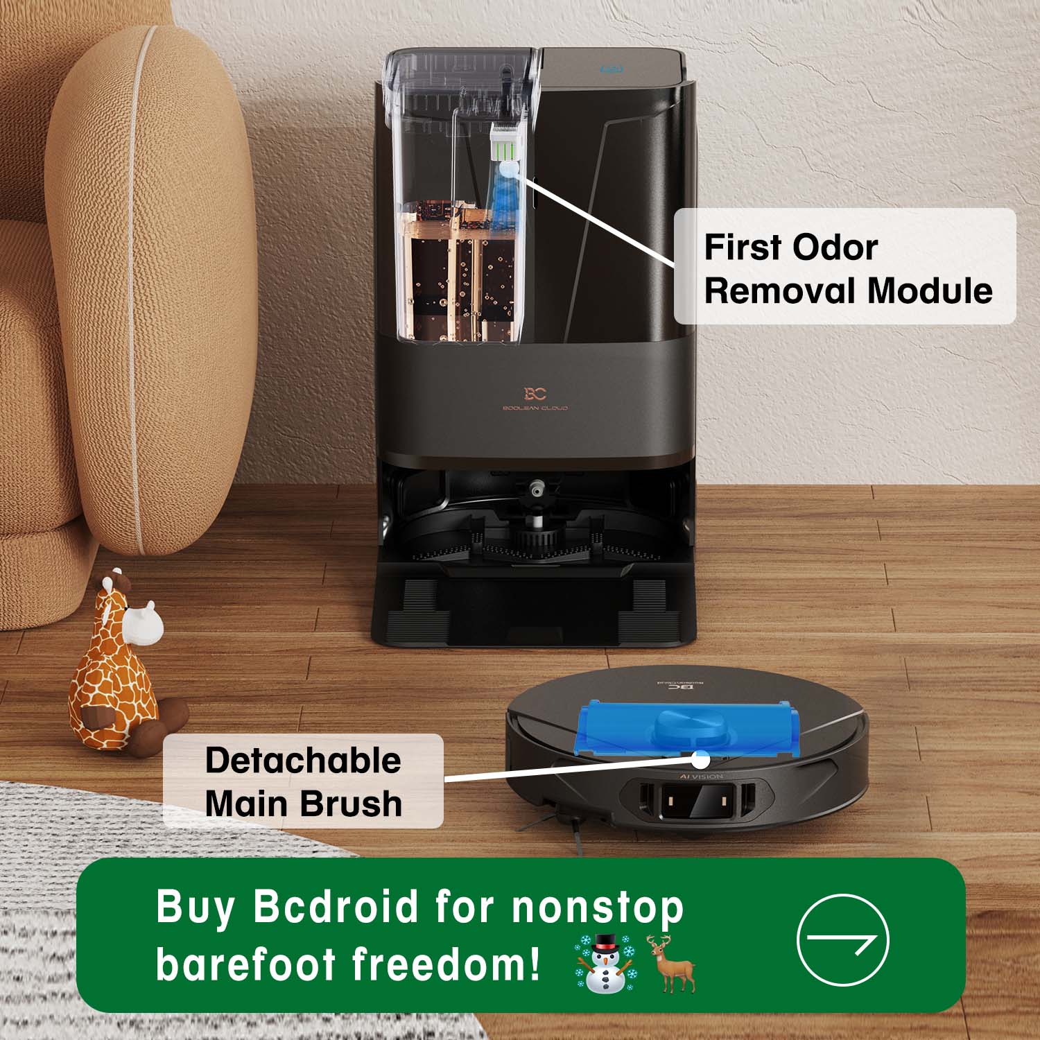 Black Bcdroid robot vacuum and black base station with detachable main brush and first odor removal module